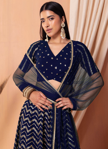 Georgette Navy Blue Sequence Embroidery Work Lehenga Choli Set